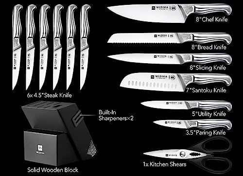 WIZEKA Kitchen Knife Set with Block and Sharpener German Steel 15 Piece