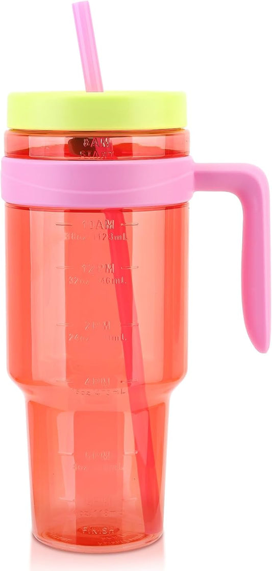 50oz Tritan Plastic Tumbler with Lid and Straw | Leak-Proof BPA-Free Cup with Time Marker | Reusable Tumbler for Iced Coffee, Milkshakes, Sports Drinks, Beer