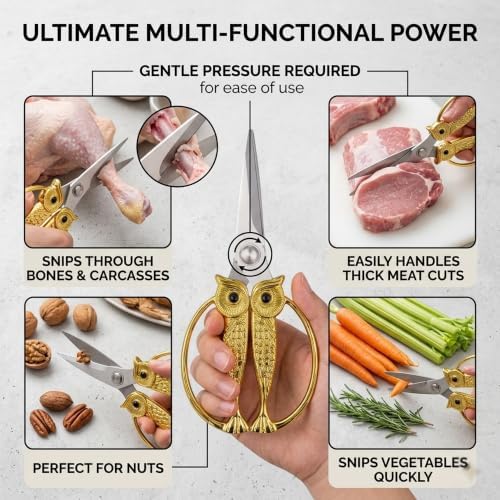 XSNBRD Kitchen Scissors Heavy Duty, Golden Stainless Steel Owl Shears.