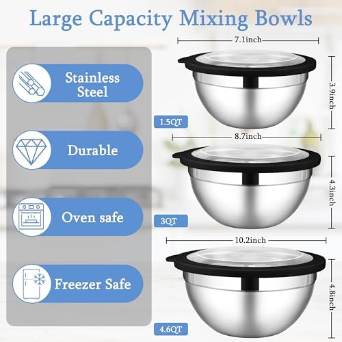 LIANYU Mixing Bowls Sets of 3, Stainless Steel Metal Bowl for Kitchen