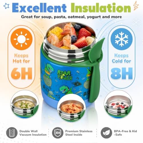 Howeemo 10oz Soup Thermo for Hot Food Kids, Leak Proof Stainless Steel Wide Mouth Lunch Food Jar with Spoon, Dinosaur Blue