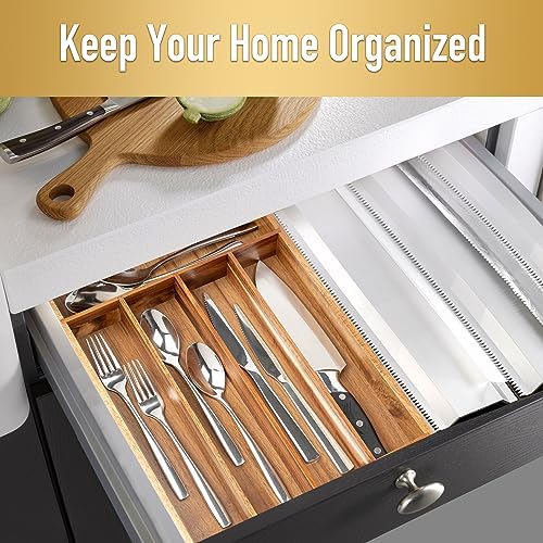 Besilord Silverware Organizer Kitchen Drawer Organizer Utensil Organizer Acacia Silverware Holder Cutlery Organizer in Drawer Flatware Organizer Tray(5 slots, Acacia