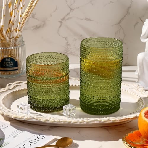 Moretoes Green Hobnail Drinking Glasses Set of 6 Glass Cups