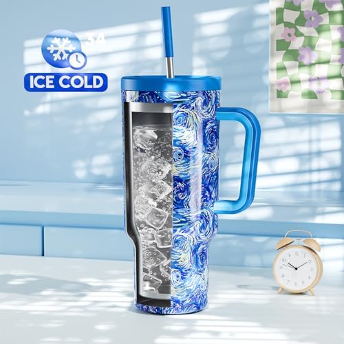 Meoky Tumbler with Handle and Straw for Women: 40 oz Stainless Steel Insulated Tumbler with Lid and Straw 100% Leakproof for Car Cup Holders - Travelers Commuters Workers, Van Gogh