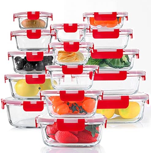 KOMUEE 30 Pieces Glass Food Storage Containers Set, Red