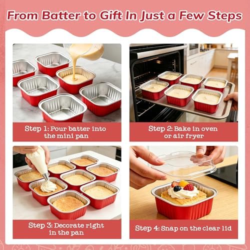 NPLUX Square Cake Pans with Lids, 50 Pack Red 10oz for Seasonal Baking