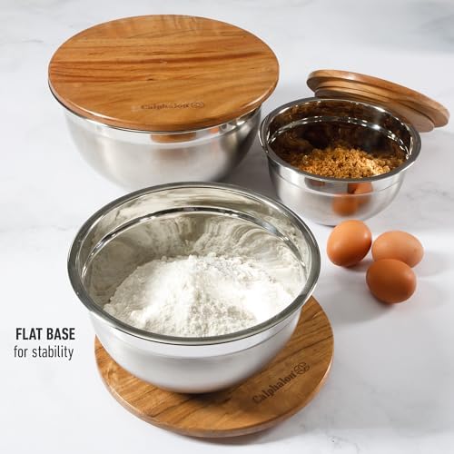 Calphalon Orbit Mixing Bowl Set, 3-Piece Stainless Steel Mixing Bowls(1.5 Qt, 3 Qt, 5 Qt) with Acacia Wood Lids & Non-Slip Base, Kitchen Prep Bowls for Mixing, Serving & Food Storage