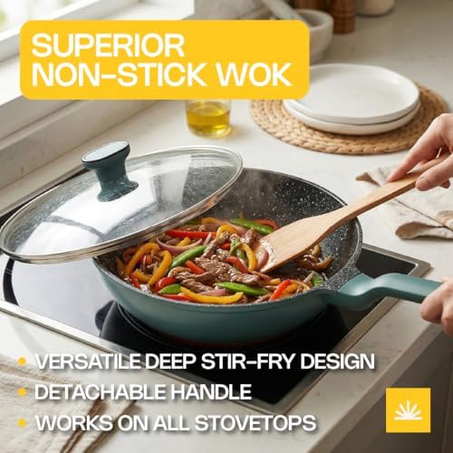 Ravelo Nonstick Wok Pan with Glass Lid, 11.8in Die Cast Stir Fry Pan