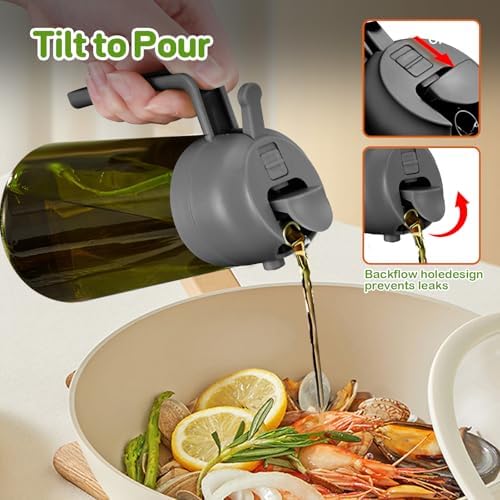 YARRAMATE 16oz/470ml Dark Green Oil Sprayer for Cooking with Stickers, Food-grade Premium 2 in 1 Olive Oil Dispenser Bottle for Kitchen Gadgets, Air Fryer, Salad, Frying, BBQ (Grey)