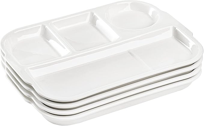 TOPZEA 4 Pack Divided Dinner Trays, Ceramic Serving Platter Dinner Plates with 4 Compartments Partition Fast Food Lunch Tray for Portion Control, Fondue Plates with Vinegar Sauce Dish