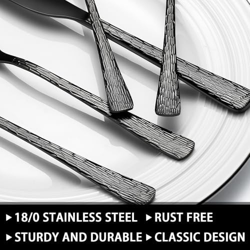 49-Piece Black Silverware Set with Organizer, Food-Grade Stainless Steel Black Flatware for 8, Cutlery Utensil Sets with Steak Knives, Rust-proof, Mirror Polished, Dishwasher Safe, Tree Pattern