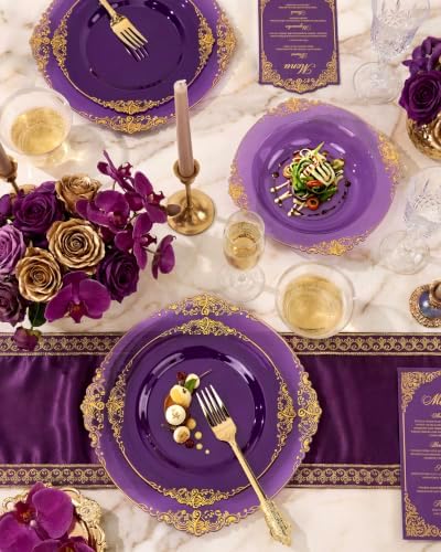 Nervure 350Pcs Purple Plastic Plates, Plastic Dinnerware Set for 50 Guests