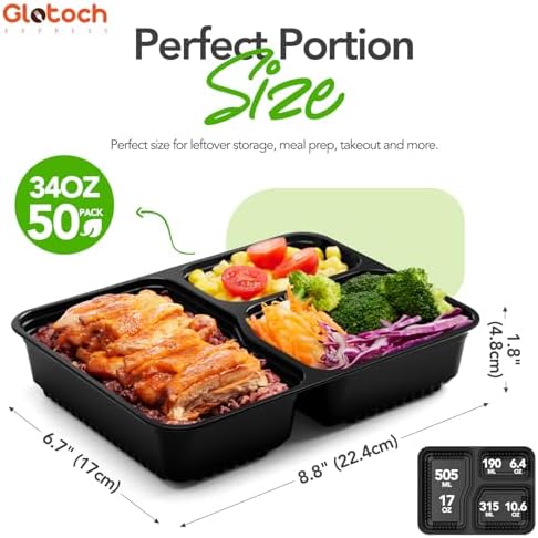 Glotoch 3-Compartment Meal Prep Containers with Lids, 34 oz, 50 Pack