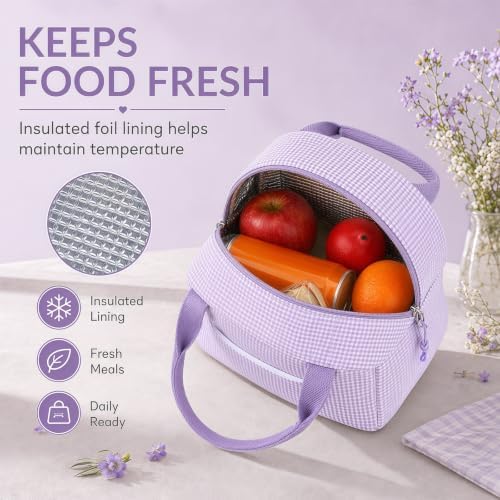 Bluboon Lunch Box for Women Cute Lunch Bag Reusable Insulated Lunch Bags Large Capacity Lunchbox Cooler for Work Picnic or Travel Gifts (Purple White checker, 10 x 7.5 x 8 inches)