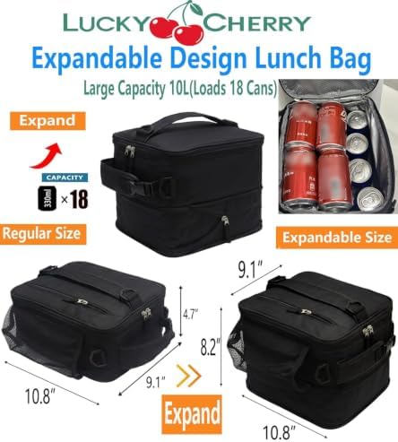 Expandable Lunch Box Insulated Lunch bag for Men Teen Kids Boys Adult Portable Stylish Double-Capacity Lunchbox Special Design for Working Office school Picnic (Black Expandable 10L)