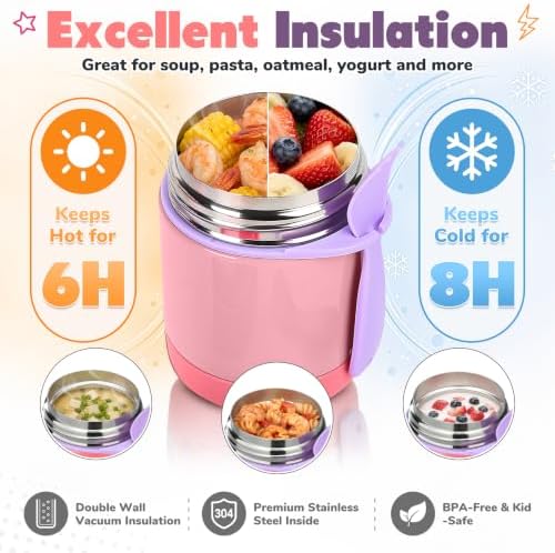 10oz Soup Thermo for Hot Food Kids,Lunch Thermo Kids Food Jar with Spoon Hot Insulated Food Containers,Leak Proof Stainless Steel Wide Mouth Lunch Thermo Jar for School(Pink)