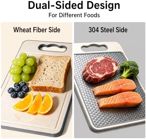 Non-Toxic Cutting Board – Double-Sided, Diamond-Pattern Stainless Steel & Wheat Straw – Scratch Resistant,Non-Slip, BPA-Free & Dishwasher Safe – 15×10 Inch