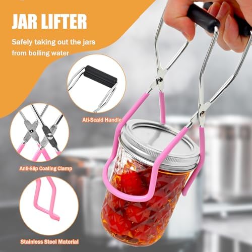 Canning Pot Water Bath Canner with Rack and Lid, 21.5 Quart Stainless Steel Stock Pots, Canning Supplies Starter Kit, Jar Lifter Tongs, Funnels and Full Canning Accessories Tools Set, Pink
