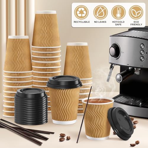 SIUQ 90 Pack 8 oz Disposable Coffee Cups with Lids and Straws - Champagne