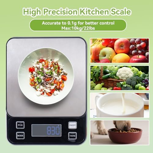 IP67 Waterproof Digital Kitchen Scale, 10kg/22lb Capacity with 0.1g Precision, Kitchen Scales for Food,Rechargeable Battery & 5 Units Conversion for Cooking, Baking - Food Scale