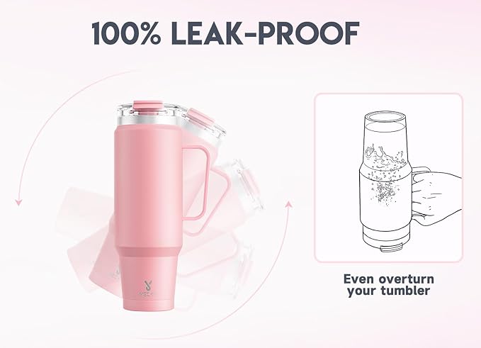 Meoky 40oz Tumbler with Handle, Stainless Steel Travel Mug with 2-in-1 Straw and Sip Lid, Vacuum Insulated Coffee Mug, 100% Leak Proof, Keeps Cold for 34 Hours or Hot for 10 Hours (Blush)