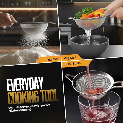 ELEEN Premium Stainless Steel Fine Mesh Strainers for Kitchen 3-Piece Set with Non-Slip Handle, Small, Medium & Large Sieves, Colanders and Sifter for Sifting, Straining, Pastas Tea, Rice Vegetables