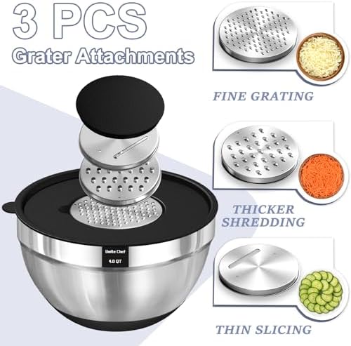 Umite Chef Mixing Bowls with Airtight Lids Set, 8PCS Stainless Steel Nesting Bowls Set, 3 Grater Attachments & Non-Slip Bottoms, Size 5, 4, 3.5, 2, 1.5QT for Baking & Mixing(Black)