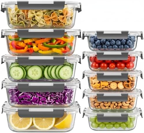 Dealusy 10 Sets 36 oz & 12 oz Glass Food Storage Containers with lids, Gray