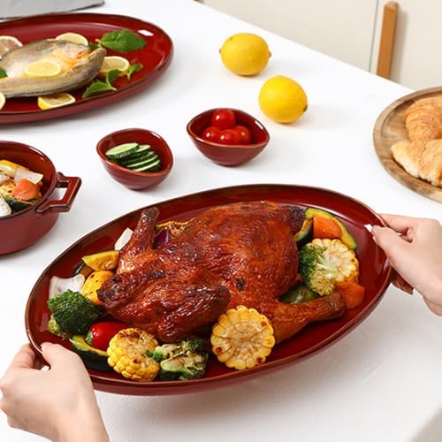 vicrays Ceramic Serving Platter Tray - Extra Large Oval 14.5 Inch Porcelain Dinner Plates Long Serving Dish Set - for Party Restaurant Food Meat Sushi Fish Turkey Platter - Cherry Red