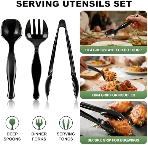 72Pcs Disposable Plastic Serving Utensils Set, 24 Black Spoons, 24 Forks, 24 Tongs, 9-Inch for Party Buffet Catering Events, Heavy Duty and Ergonomic Design (72, Black)