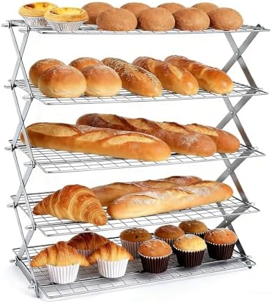 5 Tier Collapsible Cooling Rack, 2/3/4/5-Tier Upgraded,Adjustable ＆ Stackable Baking Rack, 5 Modes Cooling Racks for Cooking and Baking, Roasting ＆ Grilling Gifts for Picnic Party