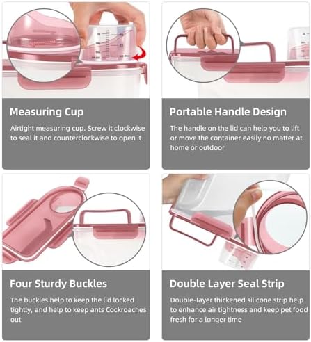 LEAWALK 2Pack Cat Dog Food Storage Container Upgraded Large Nozzle BPA-free, 3+5lbs Plastic Pet Food Containers, With 4 Sealed Clasps/1 Measuring Cup/Handle Easy Clean and Carry (Clear Pink)