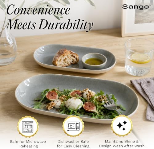 SANGO Resona Moss Serving Platters Set of 2, 14/12 Inch Stoneware Serving Dishes for Entertaining, Glossy Party Serving Trays with Reactive Glaze, Buffet Oval Platters for Bread, Appetizer, Cheese