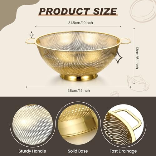Norme 7 Quart Gold Colander and 3 Metal Fine Mesh Strainer Set