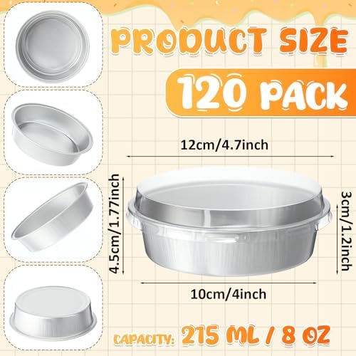 Yinder 120 Pcs 8 oz Mini Pie Tins with Lids, 4 Inch Individual Cake Pans Disposable, Round Small Cake Tins for Bake Sale Baking, Packaging(Silver)