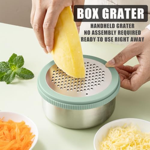 Cheese Grater with Container & Lid, Multi Functional Stainless Steel Box Grater, Handheld Grater Bowl for Kitchen,Lemon Zester for Parmesan, Cheeses, Ginger, Chocolate, Vegetables, Butter (Mint Green)