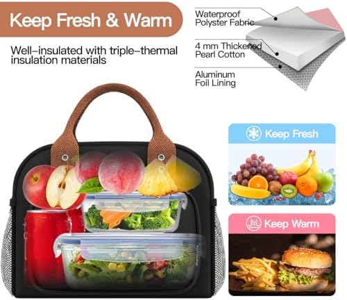 Lunch Bag for Women, Insulated Lunch Box for Women Men Work Adult, Cute Lunch Tote Large Capacity Reusable Cooler Containers for Picnic Travel Office or Beach (Black)
