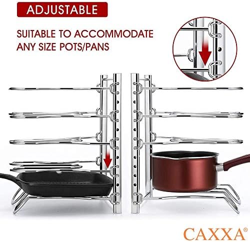 CAXXA Heavy Duty Pan Rack, Pot Lid Rack, Kitchen Cabinet Pantry Cookware Organizer Rack Holder with 5 Adjustable Dividers, Chrome (Pack of 2)