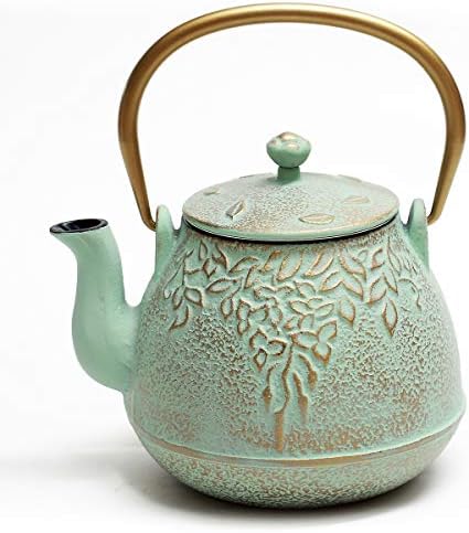 TOPTIER Tea Kettle for Stove Top, Cast Iron Teapot Stovetop Safe with Infusers for Loose Tea, 22 oz, Light Green