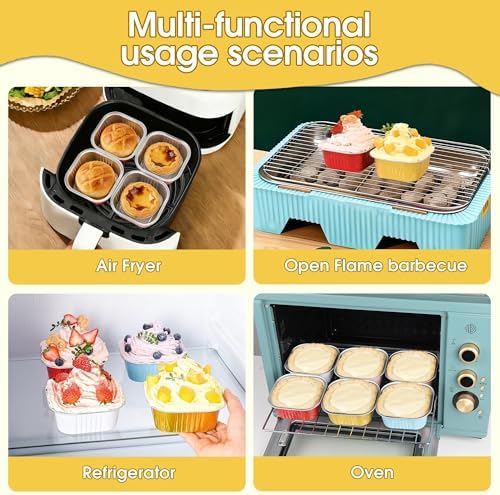 100 Pcs Mini Cake Pans with Lids and Spoons, 5oz Square Aluminum Foil Brownie Baking Cups, Small Cake Tins with Lids, Disposable Ramekins, Mini Cake Containers For Wedding Birthday Party (Gold)