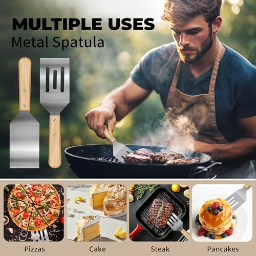 2PCS Stainless Steel Spatula,Wooden Handle Metal Spatula for Steak,Burgers