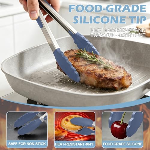 TACGEA Stainless Steel Kitchen Tongs with Silicone Tips, Locking Grilling Food Tongs, 9" and 12", Set of 2 Blue
