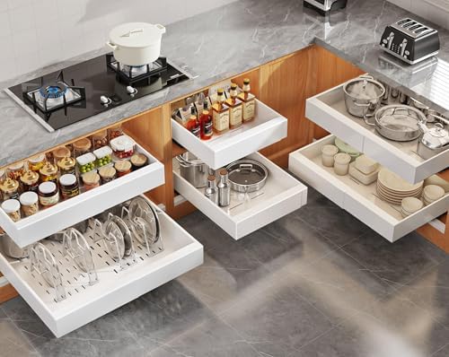 Seinloes 6 Pack Expandable Pull Out Cabinet Organizer 21"Deep With Raising Pad for Framed Cabinets,Slide Out Drawers With 4pcs Divider Racks,No Drill Roll Out Shelf,Adjustable Width 12.05"-20.4"White