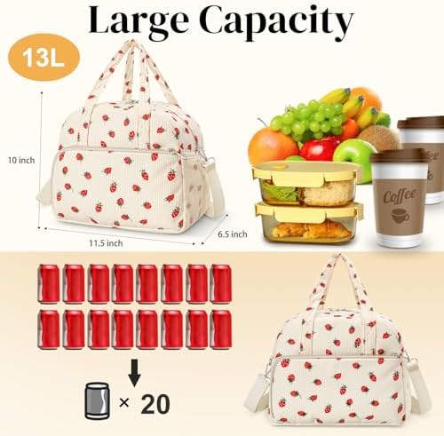 Coobiiya 13L Insulated Lunch Bag for Women & Men, Reusable Corduroy Lunch Tote, Large-Capacity Lunch Box with Leak-Resistant Liner