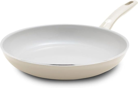 GreenPan Dover 10” Frying Pan Skillet, Non-Toxic PFAS-Free Ceramic Nonstick Coating, Sear Saute Fry Egg Omlete, Dishwasher & Oven Safe, Stay Cool Handle, Easy Pour Rims, Cream White