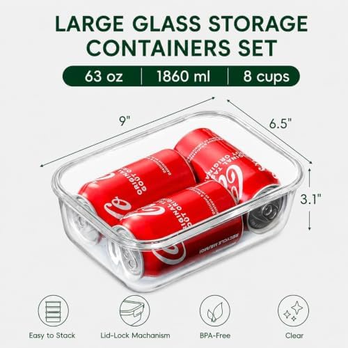 2 Pack 63oz Large Glass Storage Containers with Lids Big Meal Prep Food Container Set for Storing food, vegetables or fruits, BPA Free, Freezer Dishwasher Oven Safe