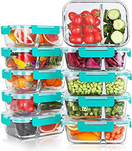 KOMUEE 10 Packs 30oz Glass Meal Prep Containers 2 Compartments, Green