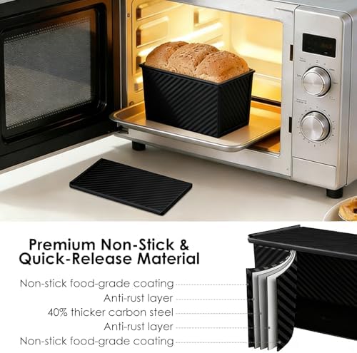 Saiveina 【5 Bonus Heart Shaped Cake Pans 】 Pullman Loaf Pan with Lid, 1 lb Bread Loaf Pan Non-Stick Carbon Steel, Square Bakeware for Sandwich, Shokupan, Pain de Mie, Sourdough, Toast, Black