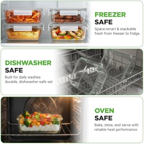 NutriChef 10 Piece Glass Food Storage Containers with Lids – 30 oz Meal Prep Containers Reusable – Airtight Glass Lunch Containers for Food Storage – Freezer to Oven Safe - Gray