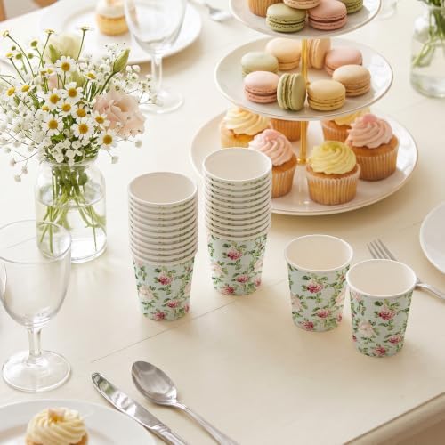 RUSPEPA 3oz Vintage Floral Paper Cups, 100 Pack Blue Pink Rose and Green Vine Design Disposable Small Party Cups for Bathroom, Mouthwash, Espresso, Wedding, Bridal Shower, Garden Tea Party Supplies